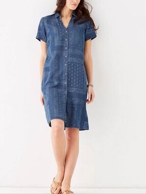 J.Jill Denim Lyocell Button-Front Bandana Print Shirt Dress #3495